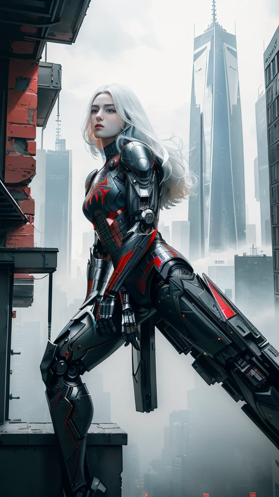 (1 girl:1.3), Alone, (((Very detailed face)))), ((Very detailed eyes and face.)))), beautifuls detalles ojos, body parts__, Official Art, unified 8k wallpaper, super detailed, beautiful and beautiful, beautiful, Masterpiece, Best Quality, Original, Masterpiece, super fine photo, Best Quality, super high resolution, realistic realism, sunlight, Full length portrait, extraordinary beauty, dynamic pose, delicate face, vibrant eyes, (FROM THE FRONT), He wears a Spider-Man suit., red and black color scheme, spider, fondo muy detallado del Ceiling de la ciudad, Ceiling, with city views, detailed face, detailed complex busy background, disordered, gorgeous, milky white, very detailed skin, realistic skin details, visible pores, clear focus, volumetric fog, 8k hd, DSLR, high quality, film grain, White skin, photographic realism, lomography, Futuristic dystopian megalopolis, translucent, eyes looking at the camera, Big , short hair,white hair ,full body,mecha,cyborg,robotic,long hair