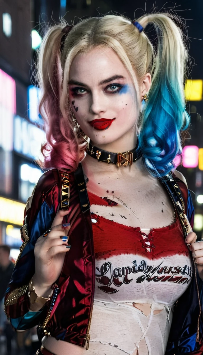 Create a realistic image of a woman dressed as a Harley Quinn-inspired character. She has blonde hair styled in two pigtails, with the ends dyed red and blue. She wears a red and black corset top with lace-up detailing, red shorts, and a choker necklace. Her makeup includes bold eye colors matching her hair and a small heart on her cheek. The background is a vibrant city street at night, with neon lights and a bustling crowd of people. The overall atmosphere is edgy and dynamic, capturing a playful yet mischievous vibe. Hyper realistic photo, vibrant colors, 16k