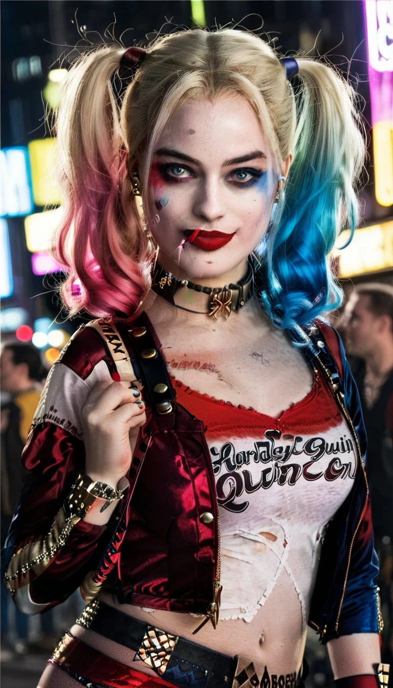 Create a realistic image of a woman dressed as a Harley Quinn-inspired character. She has blonde hair styled in two pigtails, with the ends dyed red and blue. She wears a red and black corset top with lace-up detailing, red shorts, and a choker necklace. Her makeup includes bold eye colors matching her hair and a small heart on her cheek. The background is a vibrant city street at night, with neon lights and a bustling crowd of people. The overall atmosphere is edgy and dynamic, capturing a playful yet mischievous vibe. Hyper realistic photo, vibrant colors, 16k