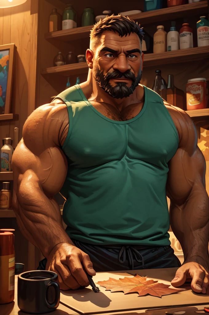 a muscular old man in cashier outfit, tank top, happy expression, autumn scene, photorealistic, highly detailed, digital art, mwvector, (best quality,4k,8k,highres,masterpiece:1.2),ultra-detailed,(realistic,photorealistic,photo-realistic:1.37),HDR,UHD,studio lighting,ultra-fine painting,sharp focus,physically-based rendering,extreme detail description,professional,vivid colors,bokeh,portrait,warm color tones,dramatic lighting