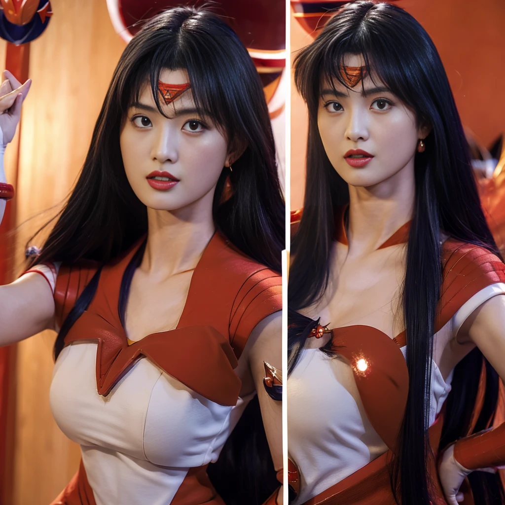 Highest quality，masterpiece，Very detailed, 8K，Beautiful Japan woman at 26 years old:1.5, Small face, blunt bangs, (Detailed red Sailor Mars costume:1.5), Breast Augmentation Surgery, Very detailedな臭い脇の下、　height:164cm