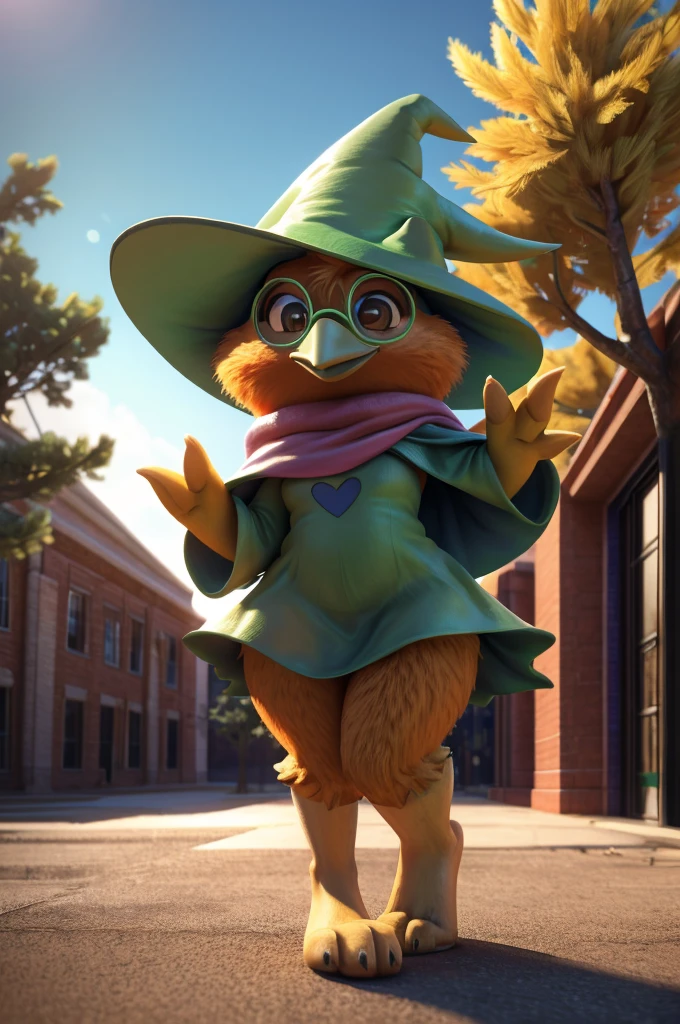 male , bird, torchic, background, (cinematic lighting:1.1), (perfect focus:1.1), 8k hd, (detailed eyes:1.2),depth of field, bokeh, subsurface scattering, perfect breasts, wide ,((Ralsei Deltarune clothing )),bright colors, (furry detail:1.3),detailed background, realistic, photorealistic, ultra realistic,at a school , natural landscape, trees, flowers, sky, clouds,realistic, photorealistic ,smile,(fluffy:1.3), furry, buff, (realistic fur:1.1), (extreme fur detail:1.2),((light orange fur)),(Black pupil, brown eyes,pixar style eyes),torchic tail,3d pixar legs, with pectorals,anthropomorphic body almost of a human,(yellow beak, yellow feathered hands, sexy feet and hips with some volume) 