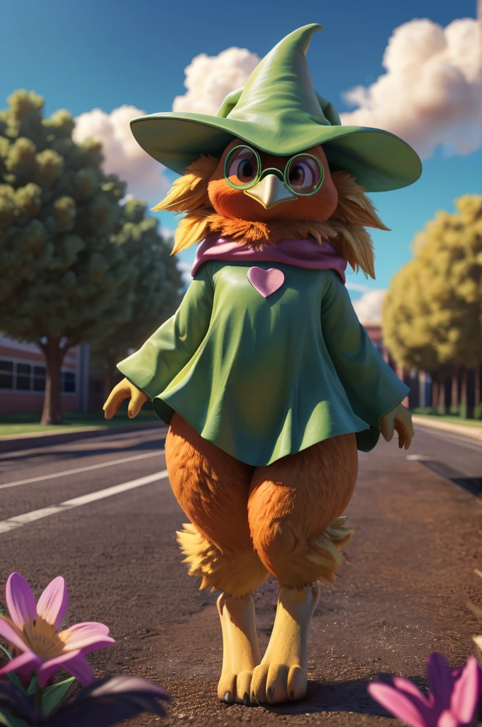 male , bird, torchic, background, (cinematic lighting:1.1), (perfect focus:1.1), 8k hd, (detailed eyes:1.2),depth of field, bokeh, subsurface scattering, perfect breasts, wide ,((Ralsei Deltarune clothing )),bright colors, (furry detail:1.3),detailed background, realistic, photorealistic, ultra realistic,at a school , natural landscape, trees, flowers, sky, clouds,realistic, photorealistic ,smile,(fluffy:1.3), furry, buff, (realistic fur:1.1), (extreme fur detail:1.2),((light orange fur)),(Black pupil, brown eyes,pixar style eyes),torchic tail,3d pixar legs, with pectorals,anthropomorphic body almost of a human,(yellow beak, yellow feathered hands, sexy feet and hips with some volume) 