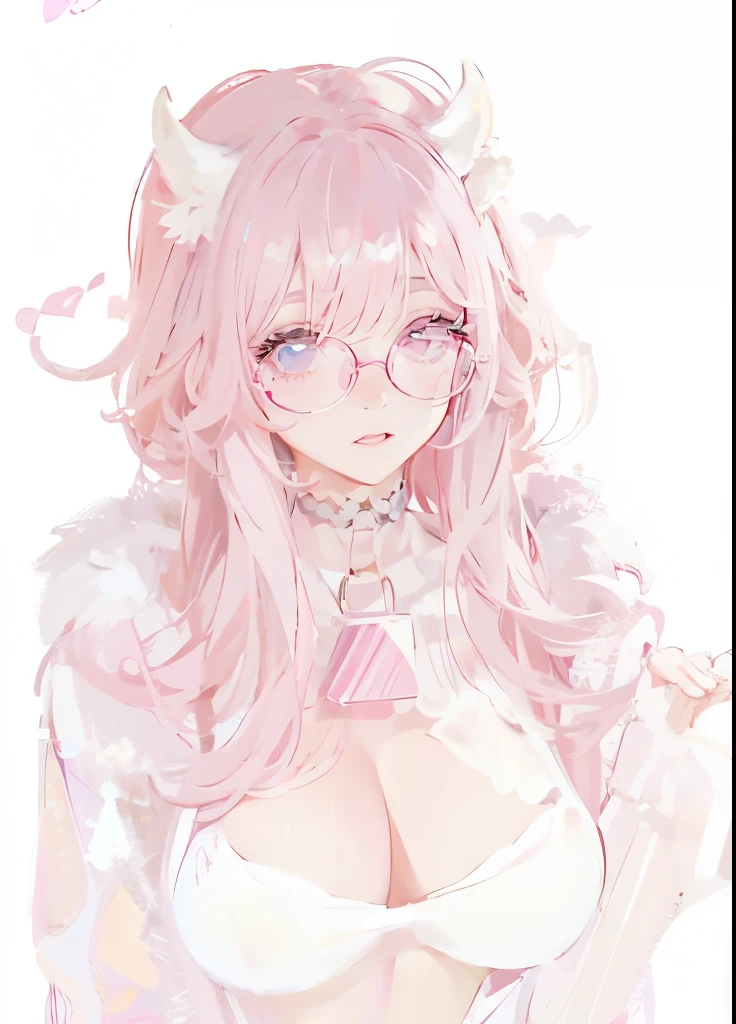 IMVU, pink hair, pink heart eyes, white round glasses, pale skin, white and pink cow ears, white horns with pink bows, fuzzy white jacket with pink spots, pink cowbell choker, kawaii, soft, high quality, masterpiece, 8k