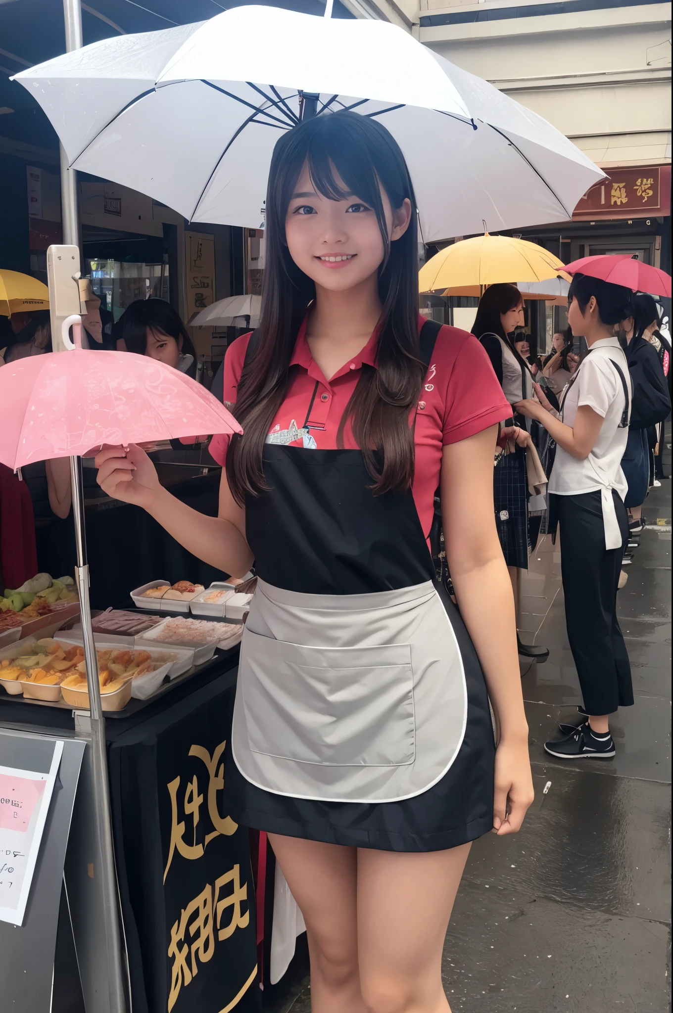 A 20-year-old girl selling umbrellas with umbrellas lined up（Wearing a miniskirt and apron）