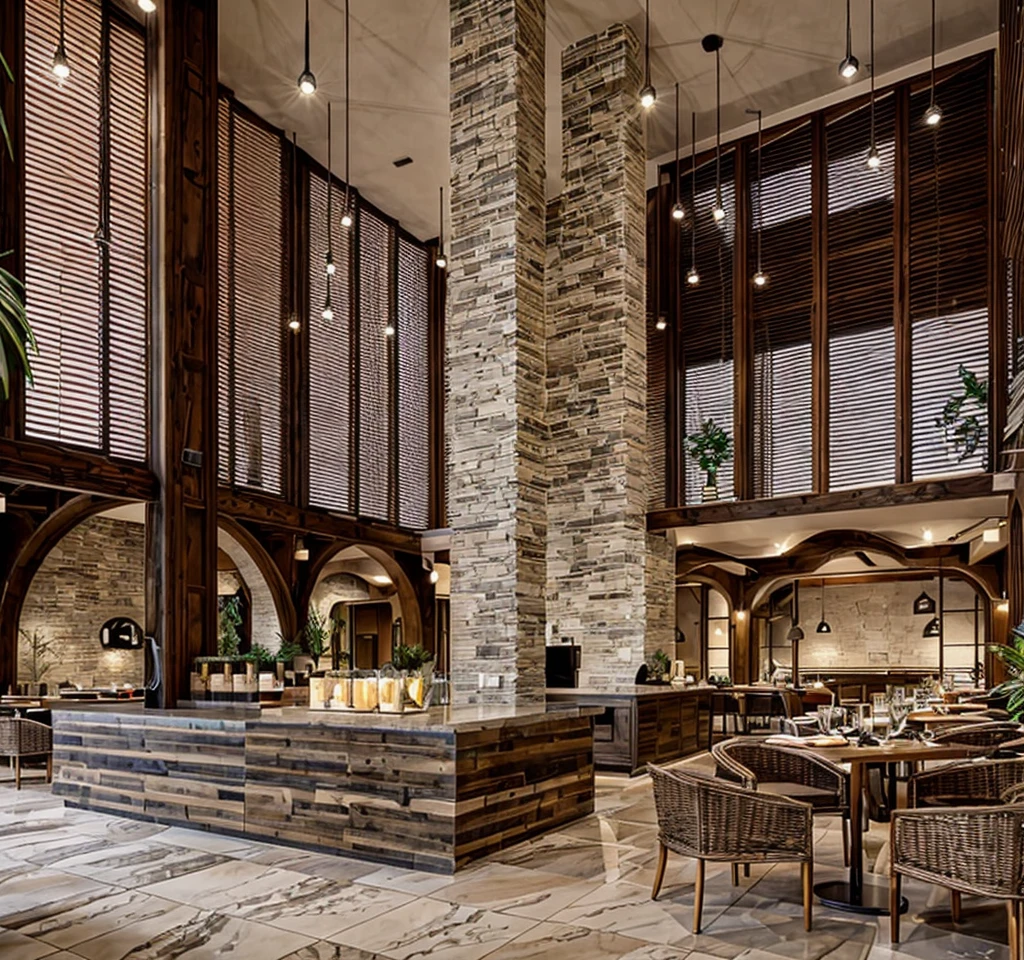 Restaurant interior, clay walls, natural clay columns, rustic wooden tables, rustic chairs, handcrafted look, natural textures, soft lighting, clay pendant lights, potted plants, greenery, cozy, welcoming,  masterpiece, (realistic:1.2) 8k uhd, dslr, soft lighting, high quality
