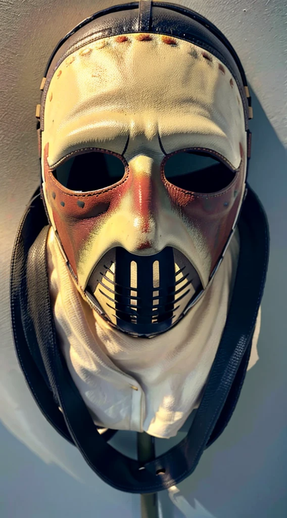 A realistic, detailed leather mask inspired by Leatherface from The Texas Chainsaw Massacre, isolated on a plain background, showing only the mask with no character or face,A mask made of human facial leather,Aged mask,showcase