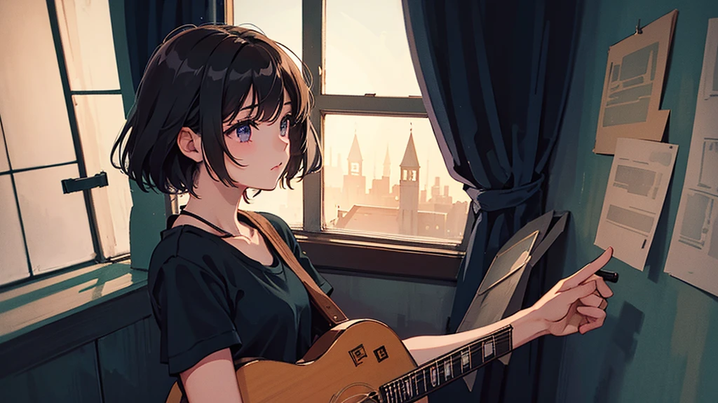 In a very very dark room、In a place where the light shines fantastically from behind、A girl is playing the guitar and looking out the window.。In the background is a large window. girl 30%.