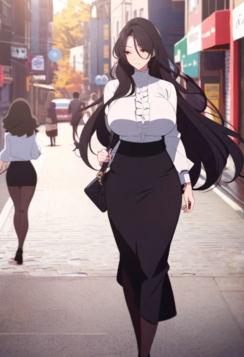 (One tall woman,Black Hair,Long hair,Red Eyes,Large Breasts,Wide thighs)Woman walking on the street,Ruffled shirt,Black long skirt,black tights