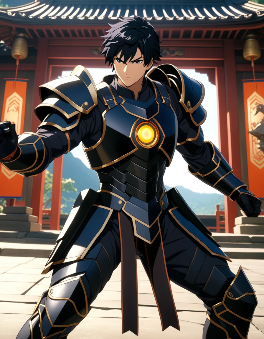 ((1boy, Jet black hair, short hair)), An epic closeup of the dark fighter, looking at the viewer, (alone), full body armor , ?????, golden edges, Dragon Eye Inlaid Armor, combat pose, full body shot, in a temple in the background, anime screencap, Masterpiece, The best quality, high detail, high resolution, UHD, 4k, 8k