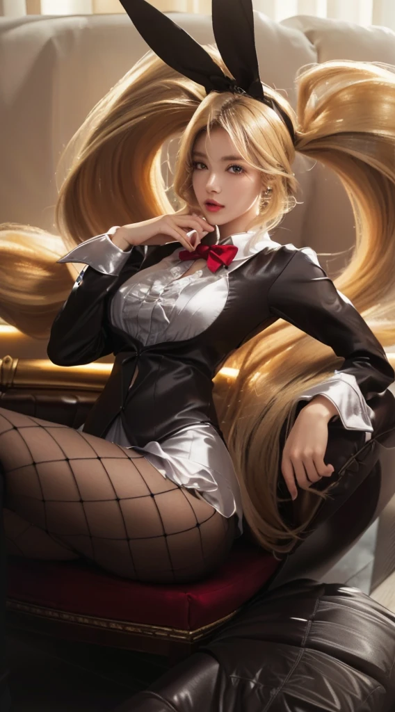 a realistic girl with long blonde hair sitting on a sofa, beautiful detailed eyes, beautiful detailed lips, extremely detailed eyes and face, long eyelashes, realistic skin, intricate hairstyle, elegant dress, photorealistic, 8k, detailed background, soft lighting, ambient occlusion, cinematic composition, warm color tones