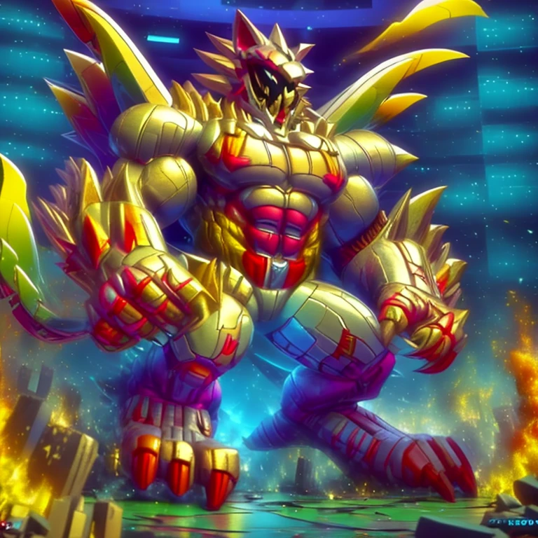 (masterpiece. official art. 8k. best quality. detailed full body. full body.)
(situation 1 : dominating The Phoenix Wolf. The Phoenix Wolf is over 1000 meters long. focus GIANT mechanical Muscular The Phoenix Wolf is trampling the car. Looking down.)
(situation 2 :smoke and flames rising from the destruction in the city)
(Additional details 1: Wearing golden Armor. Cape. Helmet. real texture material. whole body shines like metal. emphasizes the muscles. suit fully made of metal.Robotic suit. no face.).
(Additional details 1.5: The arms are golden. The lower half of the body is golden. The wolf-shaped helmet has sharp fangs. The whole body is golden. The chest area is also golden. There is a ring above the head.).
(Additional details 2: Detailed head. Detailed Body. Detailed abs. gigantic muscles. HYPER MUSCLES. Gigachad Muscular. big muscle. pecs. triceps. traps. unusually developed muscular body. body full of huge muscles. showing off muscles. pectorales enormes. Exaggeratedly huge muscles. huge muscles. long legs.).
(Additional details 3: Spread wings. It has wings. The claws are sharp. Sharp teeth.). He is laughing defiantly. The claws are sharp. Sharp teeth.).
(Additional details 3.5 : nj5furry, He is laughing defiantly. medieval armor.).