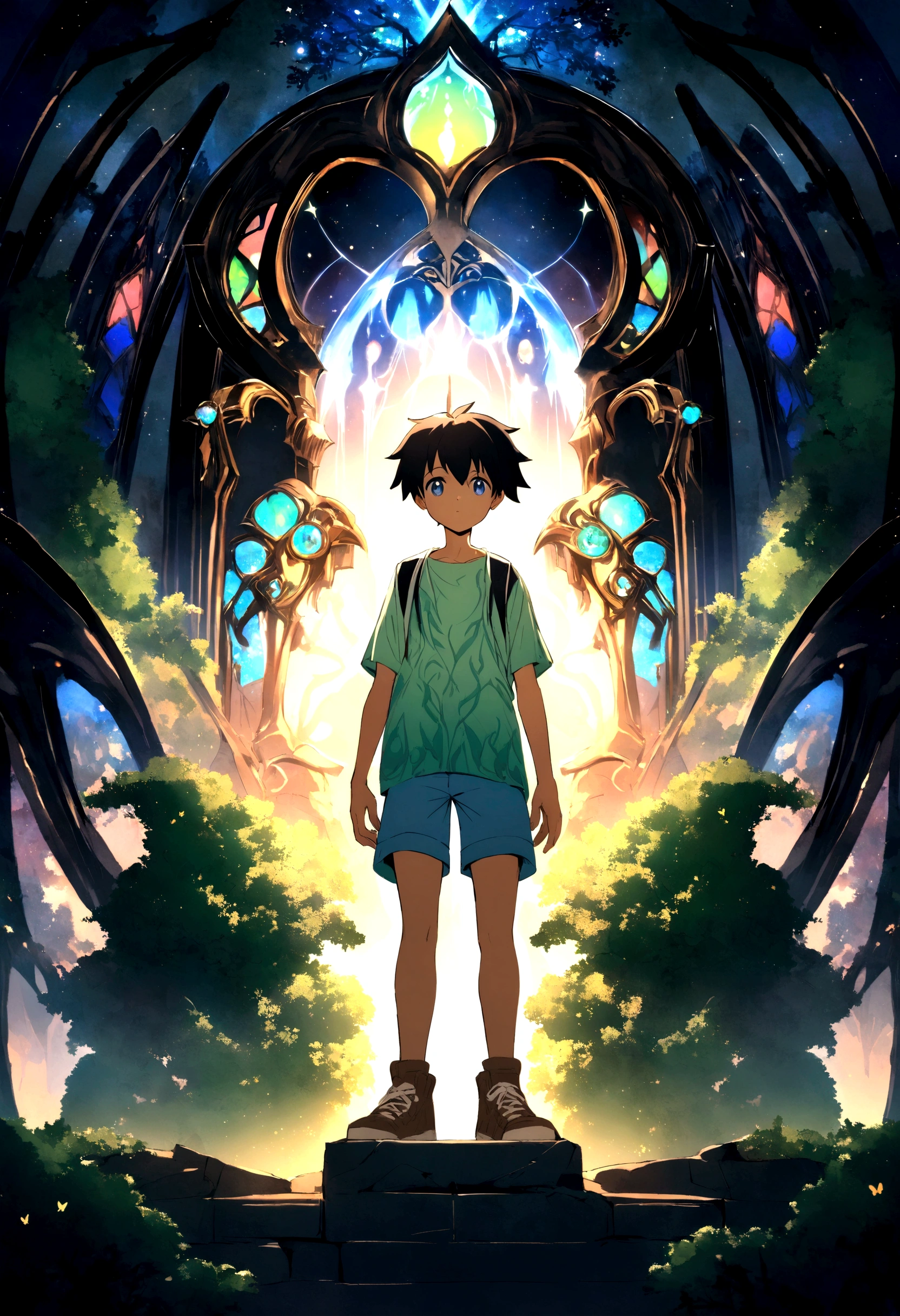 Create a character , boy anime style ,with light green blouse ,short blue shorts, all brown sneakers long black hair ,in front of a magical portal standing with your back entering a magical kingdom full of magical creatures