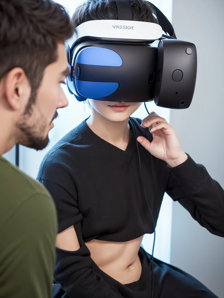  A man uses a VR headset, Face to face with a friendly virtual therapist. dress politely