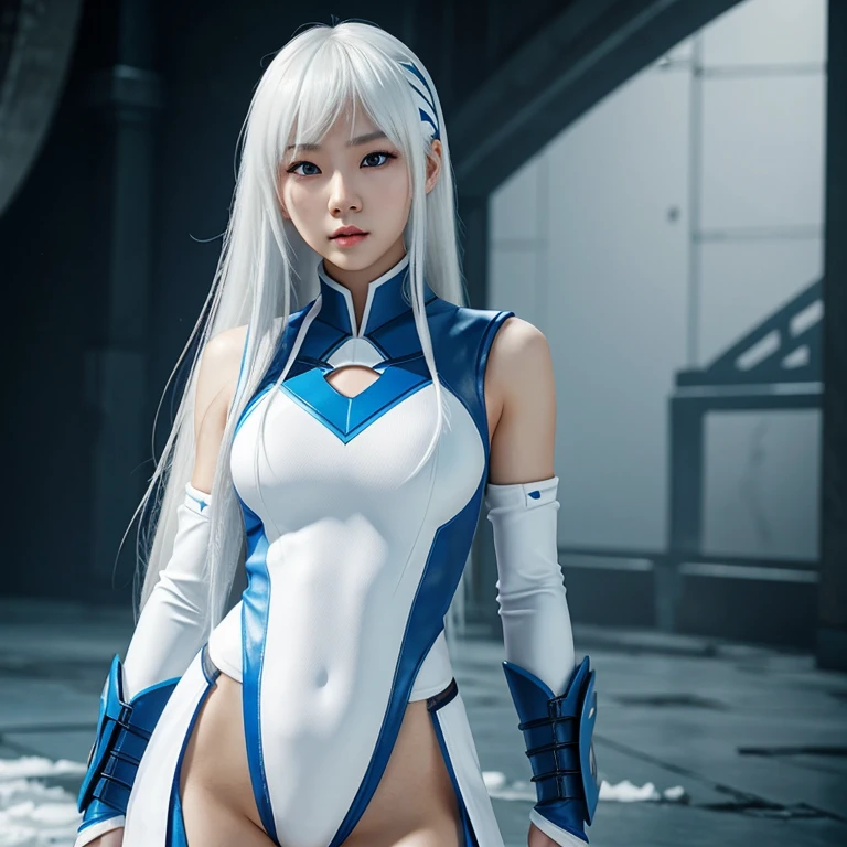 Korean girl, white long hair with bangs, icy blue eyes, white skin, white skimpy ninja suit, video game style, mortal kombat style