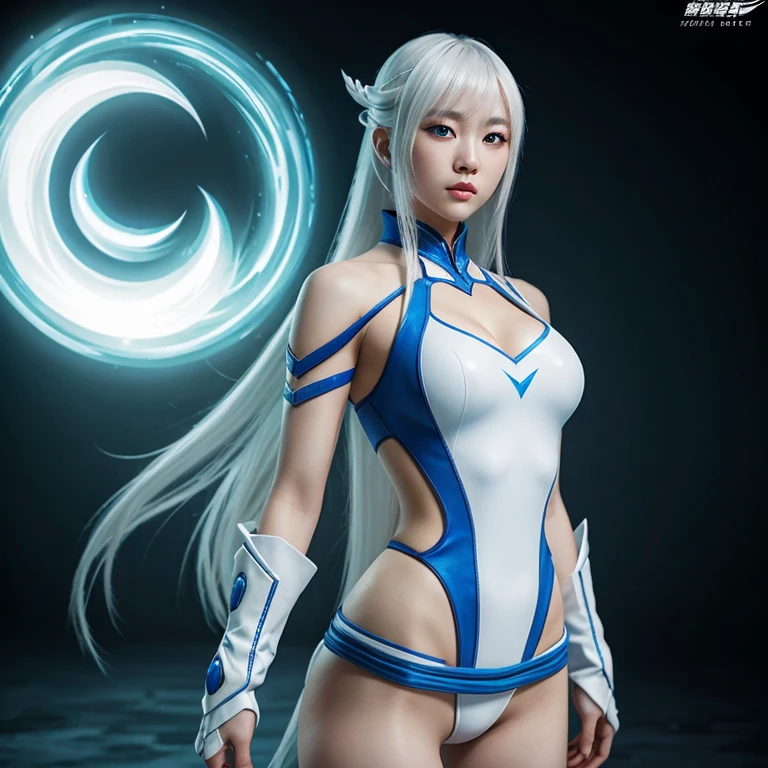 Korean girl, white long hair with bangs, icy blue eyes, white skin, white skimpy ninja suit, video game style, mortal kombat style
