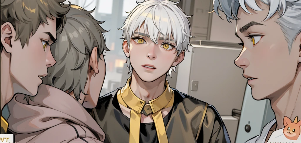 cute 17 year old boy, yellow eyes, white hair, speaking calmly, The collar of his shirt is metallic gold
