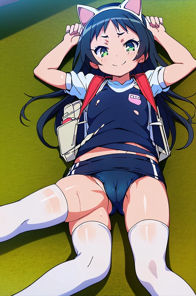 masterpiece, ultra quality, ultra sharp, ultra detailed, 1girl, solo, (((good anatomy))), haduki kurumi, (tattered torn dripping wet white gym shirt), navy gym pants, animal ears, randoseru, name tag, Japanese anime pose, laugh, BurumaShorts, Buruma, Gym Uniform, (((lying:1.4, spread_legs, legspread, split_legs, spreading legs)), (randoseru backpack:1.4), (smirk smile), buruma, blue buruma, black buruma, (cameltoe), (tattered torn short sleeve white gym uniform with colored hem), (tiny nipples), (white long loose socks), strong lighting, legspread, bukkake, cum on clothes, cum on legs, cum on buruma, cum on bloomers,
