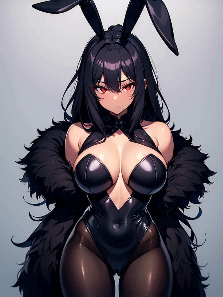 girl, black fur, Red eyes, big breasts, black bunny suit, ebony black skin .
