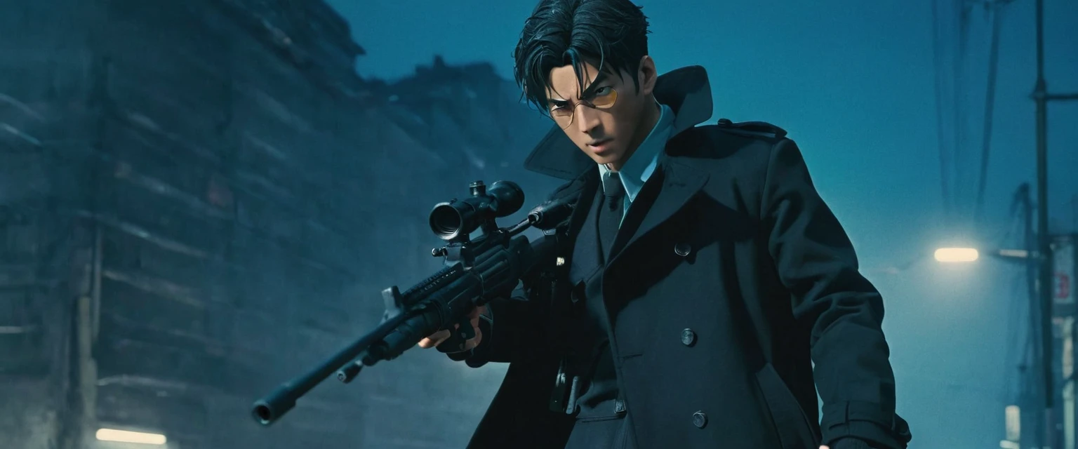 score_9, score_8_up, score_7_up, source_anime, detailed, 8k, cinematic angle, rating from side, safe, Wide-angle lens, a man in Black Trench Coat is holding a submachine gun to viewer,