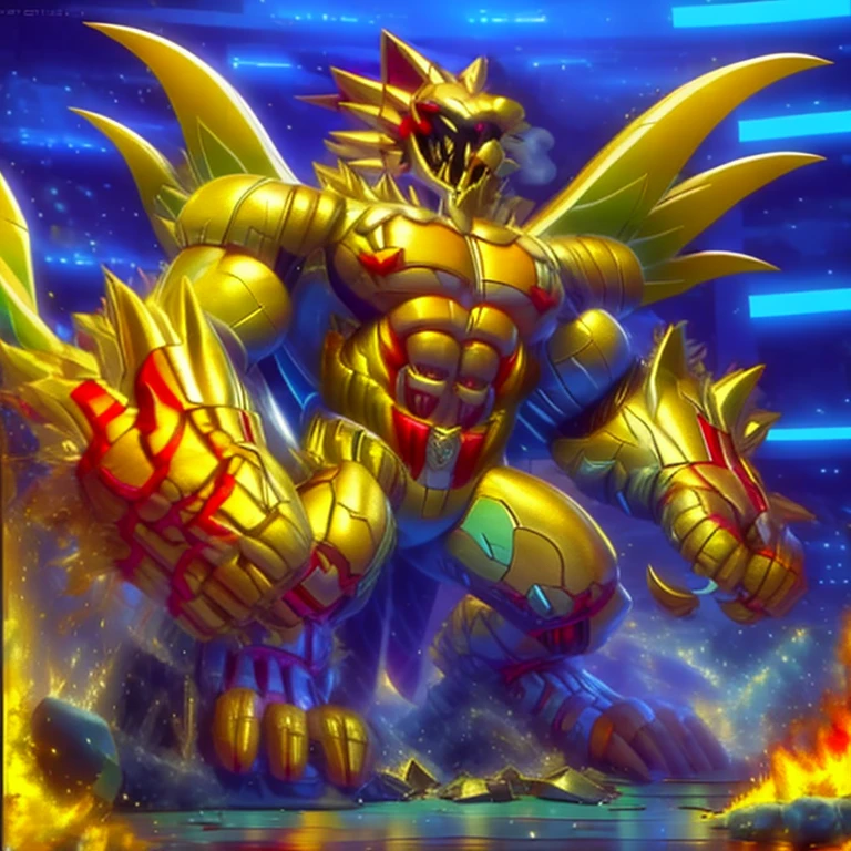 (masterpiece. official art. 8k. best quality. detailed full body. full body.)
(situation 1 : dominating The Phoenix Wolf. The Phoenix Wolf is over 1000 meters long. focus GIANT mechanical Muscular The Phoenix Wolf is trampling the car. Looking down.)
(situation 2 :smoke and flames rising from the destruction in the city)
(Additional details 1: Wearing golden Armor. Cape. Helmet. real texture material. whole body shines like metal. emphasizes the muscles. suit fully made of metal.Robotic suit. no face.).
(Additional details 1.5: The arms are golden. The lower half of the body is golden. The wolf-shaped helmet has sharp fangs. The whole body is golden. The chest area is also golden. There is a ring above the head.).
(Additional details 2: Detailed head. Detailed Body. Detailed abs. gigantic muscles. HYPER MUSCLES. Gigachad Muscular. big muscle. pecs. triceps. traps. unusually developed muscular body. body full of huge muscles. showing off muscles. pectorales enormes. Exaggeratedly huge muscles. huge muscles. long legs.).
(Additional details 3: Spread wings. It has wings. The claws are sharp. Sharp teeth.). He is laughing defiantly. The claws are sharp. Sharp teeth.).