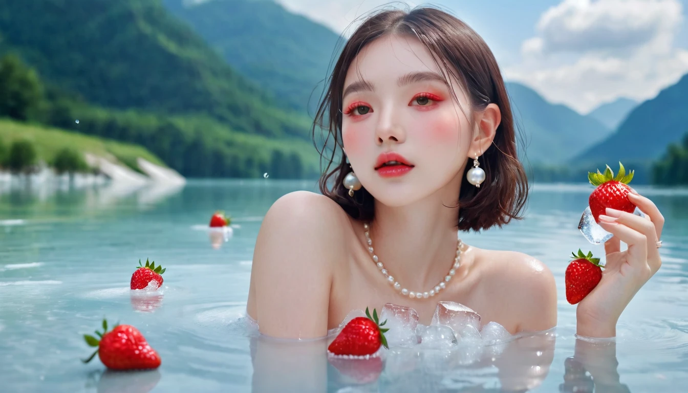 Summer Strawberry Girl,Dopamine teenage, Cool summer days,Ice cubes,The watery girl,Delicate skin,Hydration,Shiny,Shiny,dream,Front view,bust,pearl,Strawberry fruit