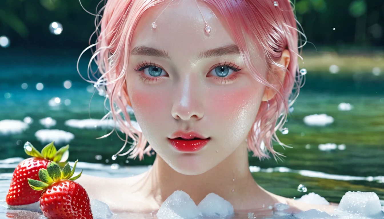 Summer Strawberry Girl，Dopamine teenage， Cool summer days，Ice cubes，The watery girl，Delicate skin，Hydration，Shiny，Shiny，dream，Front view，bust，pearl，Strawberry fruit