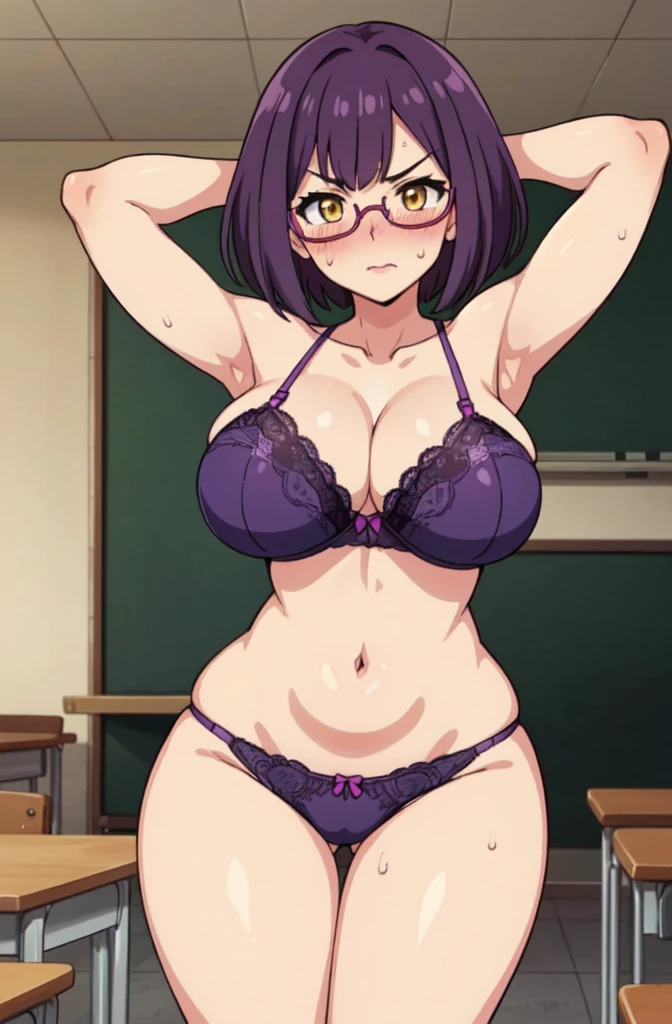 ((Table t○p, Highest quality, High Resolution、Anime Screen Capture、Pixel Perfect, 8K、sf)))、Perfect Anat○my、female teacher、(((Huge 、Wide Hips、Wide thighs)))、(B○th armpits、Place your hands behind your head)、((Purple lace bra、Purple lace pantiess))、Sweat, vap○r,(Yellow Eyes)、((Short Hair、Purple Hair、Asymmetrical bangs)),lipstick、(((Embarrassing、Glare、blush)))、(classroom)、from the front