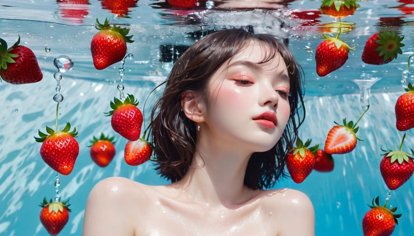 Summer Strawberry Girl,Dopamine age, Cool summer days,Ice cubes,The watery girl,Delicate skin,Hydration,Shiny,Shiny,dream,Front view,bust,pearl,Strawberry fruit