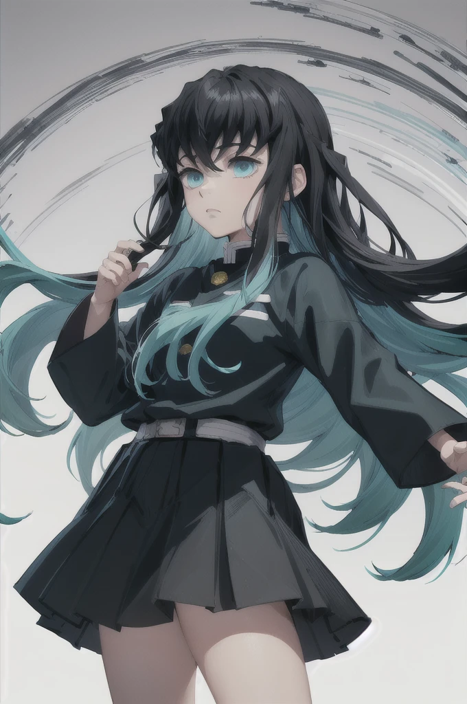 masterpiece, Highest quality, One boy, In fact,Long Hair, Black Hair, Aqua Hair, bangs,  Multicolored Hair, Side Lock, Long sleeve, Aqua Eye, Demon Slayer uniform, (sketch), close, Simple Background 