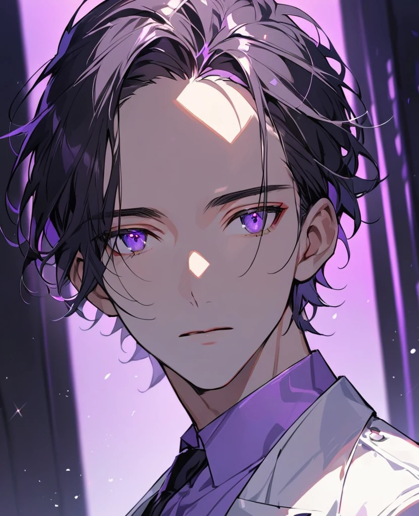 handsome, alone, 1 man, black hair, (((forehead)))，light purple eyes, white suit, modern，Light purple collared shirt，expressionless，The best shadow and light，Medium-parted short hair，((look away)),perfect face, beautiful eyes， Eyes with exceptional detail，purple light