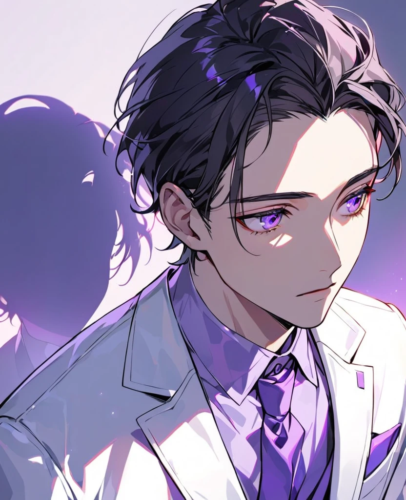 handsome, alone, 1 man, black hair, (((forehead)))，light purple eyes, white suit, modern，Light purple collared shirt，expressionless，The best shadow and light，Medium-parted short hair，((look away)),perfect face, beautiful eyes， Eyes with exceptional detail，purple light