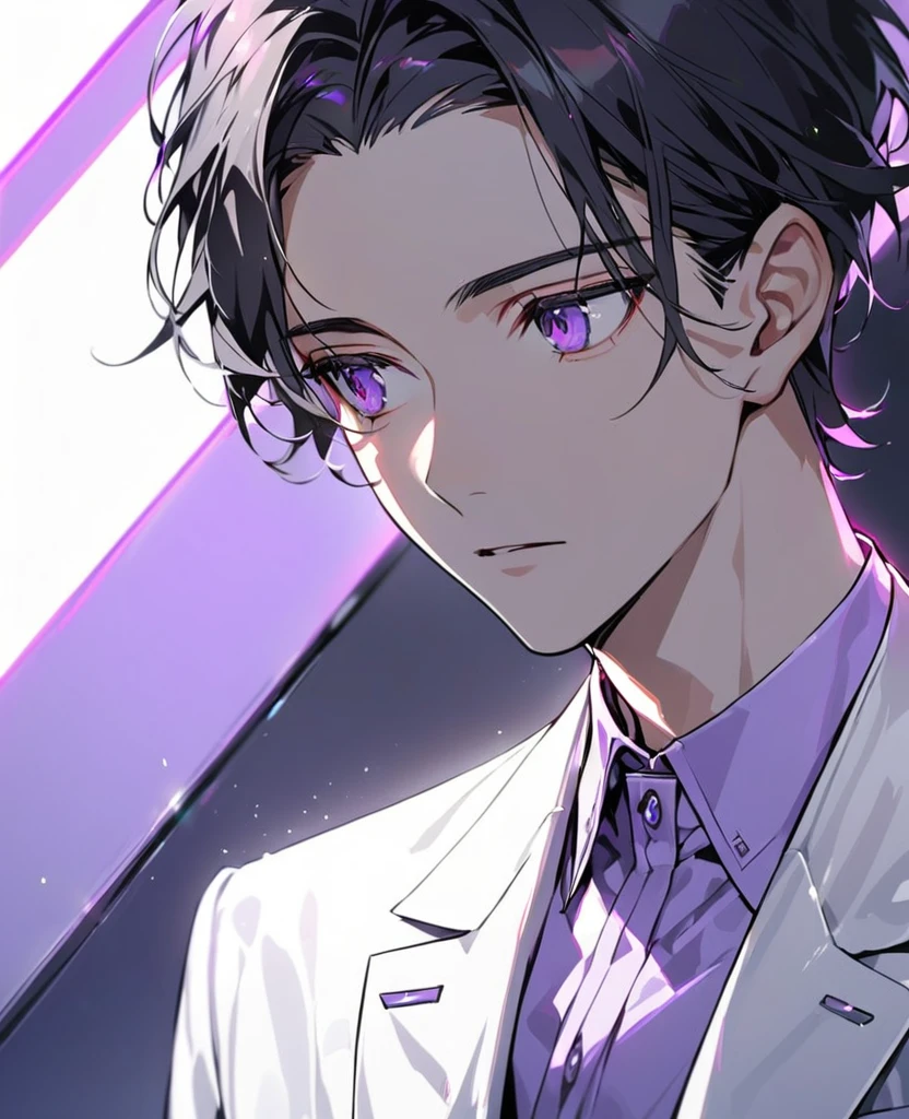 handsome, alone, 1 man, black hair, (((forehead)))，light purple eyes, white suit, modern，Light purple collared shirt，expressionless，The best shadow and light，Medium-parted short hair，((look away)),perfect face, beautiful eyes， Eyes with exceptional detail，purple light