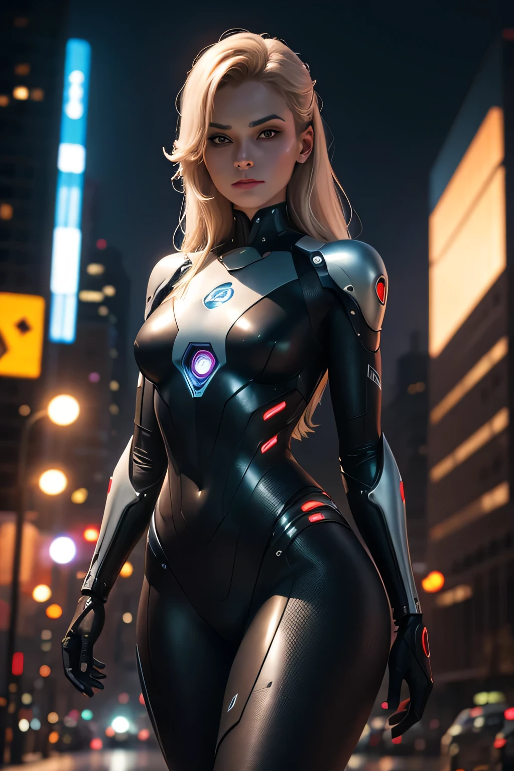 Woman transformed into spy robot　Mechanical body　Mechanical limbs　The background is an office at night, glowing eyes, UHD, retina, masterpiece, accurate, anatomically correct, textured skin, super detail, high details, high quality, award winning, best quality, highres