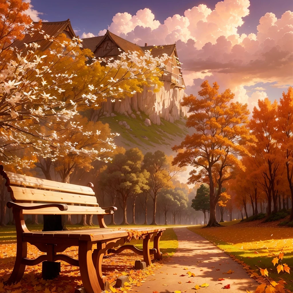 (Highest quality, High resolution), Vibrant colors,Low - Angle,
(古びたwood製のベンチ:1.3),Fascinating and enchanting autumn scenery. Warm earth tones, Soft and natural lighting.Autumn leaves background, Vibrant colorsの葉, The golden leaves gently fall, wood々Warm sunlight shining in from between, Peaceful and calm atmosphere, Soft rays of light illuminating the scene, The sound of rustling leaves, Fresh, cool air, Textured bark, A carpet of fallen leaves on the ground, Quiet and picturesque setting, Natural beauty in full bloom,