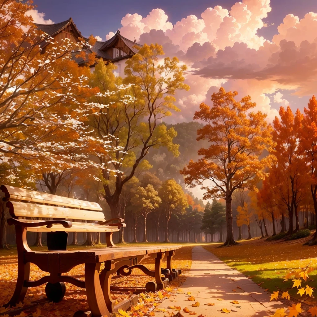 (Highest quality, High resolution), Vibrant colors,Low - Angle,
(古びたwood製のベンチ:1.3),Fascinating and enchanting autumn scenery. Warm earth tones, Soft and natural lighting.Autumn leaves background, Vibrant colorsの葉, The golden leaves gently fall, wood々Warm sunlight shining in from between, Peaceful and calm atmosphere, Soft rays of light illuminating the scene, The sound of rustling leaves, Fresh, cool air, Textured bark, A carpet of fallen leaves on the ground, Quiet and picturesque setting, Natural beauty in full bloom,