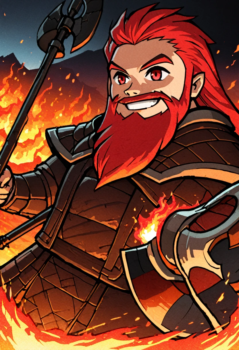 detailed illustration, dynamic angle, ultra-detailed, illustration, 1boy, fire red hair, red orange hair, red beard, long beard, battle axe, lava, mountain, forge, smiling, red eyes, firey eyes, leather armor, WindWakerStyle