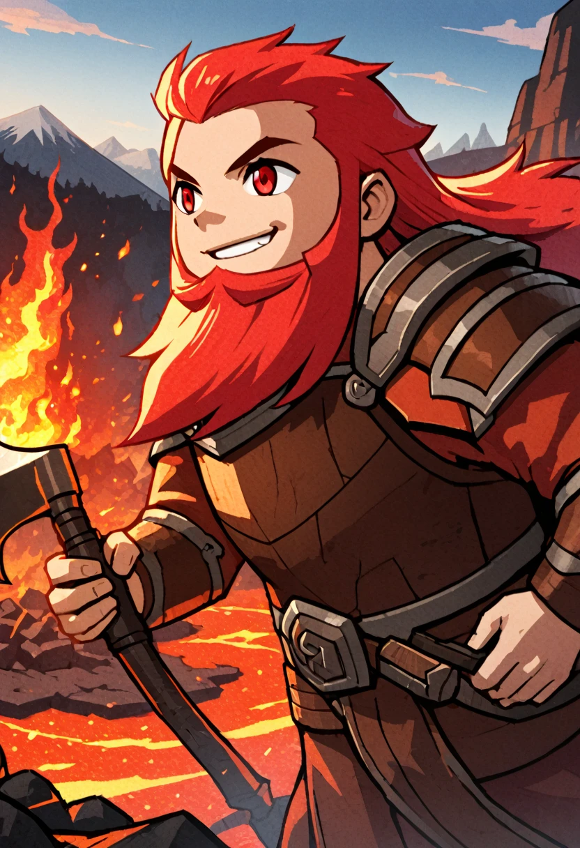 detailed illustration, dynamic angle, ultra-detailed, illustration, 1boy, fire red hair, red orange hair, red beard, long beard, battle axe, lava, mountain, forge, smiling, red eyes, firey eyes, leather armor, WindWakerStyle