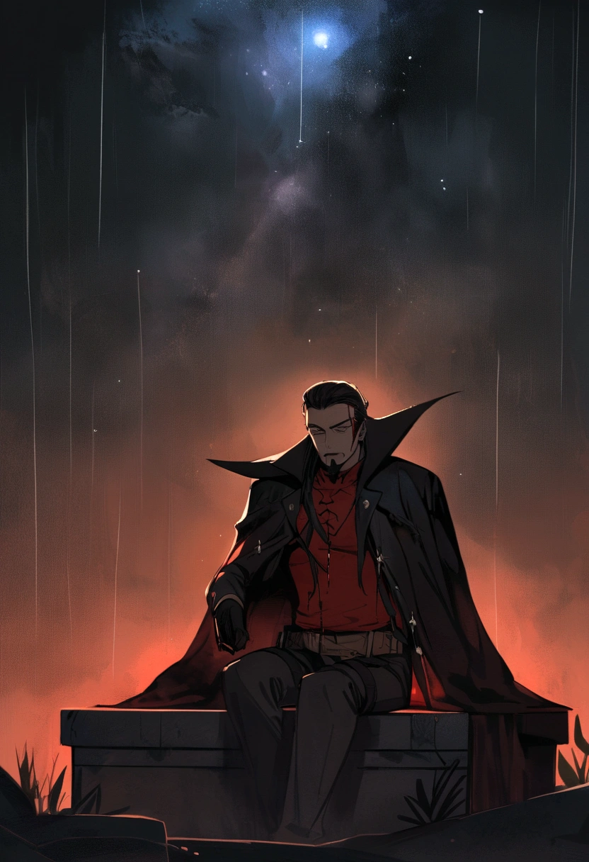 Draw a bleeding demon hunter man, sitting on a tomb with skulls floating in the middle of a sky He is studying with a gun it is raining. Dramatic lighting from distant stars and planets illuminates the scene, casting deep shadows on the costume. Black denim jacket,and red oxadrez shirt,O jovem parece confiante e determinado, with evil gaze admiration and respect,facial hair, cowboy shot,and blonde