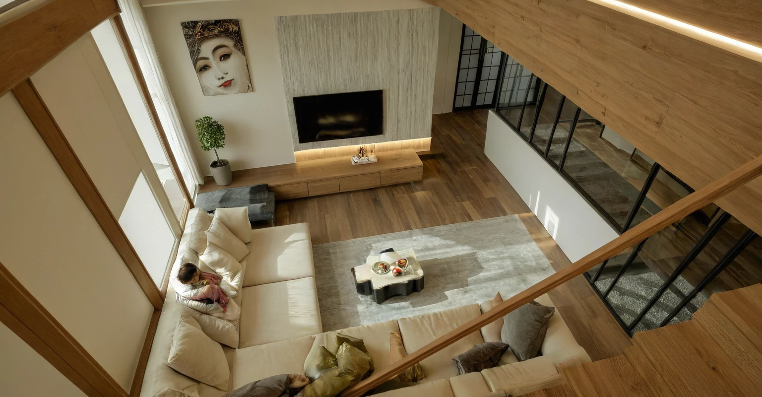 Raw photo, Masterpiece, high quality, best quality, authentic, super detail, interior, indoors,  style modern, minimalist line, wooden, oak wood, led light, beige paint wall, sofa, daylight, atrium, LIVING ROOM, PEN HOUSE, kitchen, island kitchen, alu window, japan style, wasabi style, Jen style, steel stair, 