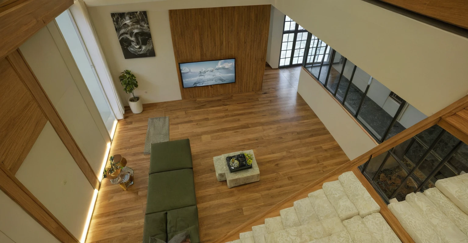 Raw photo, Masterpiece, high quality, best quality, authentic, super detail, interior, indoors,  style modern, minimalist line, wooden, oak wood, led light, beige paint wall, sofa, daylight, atrium, LIVING ROOM, PEN HOUSE, kitchen, island kitchen, alu window, japan style, wasabi style, Jen style, steel stair, 