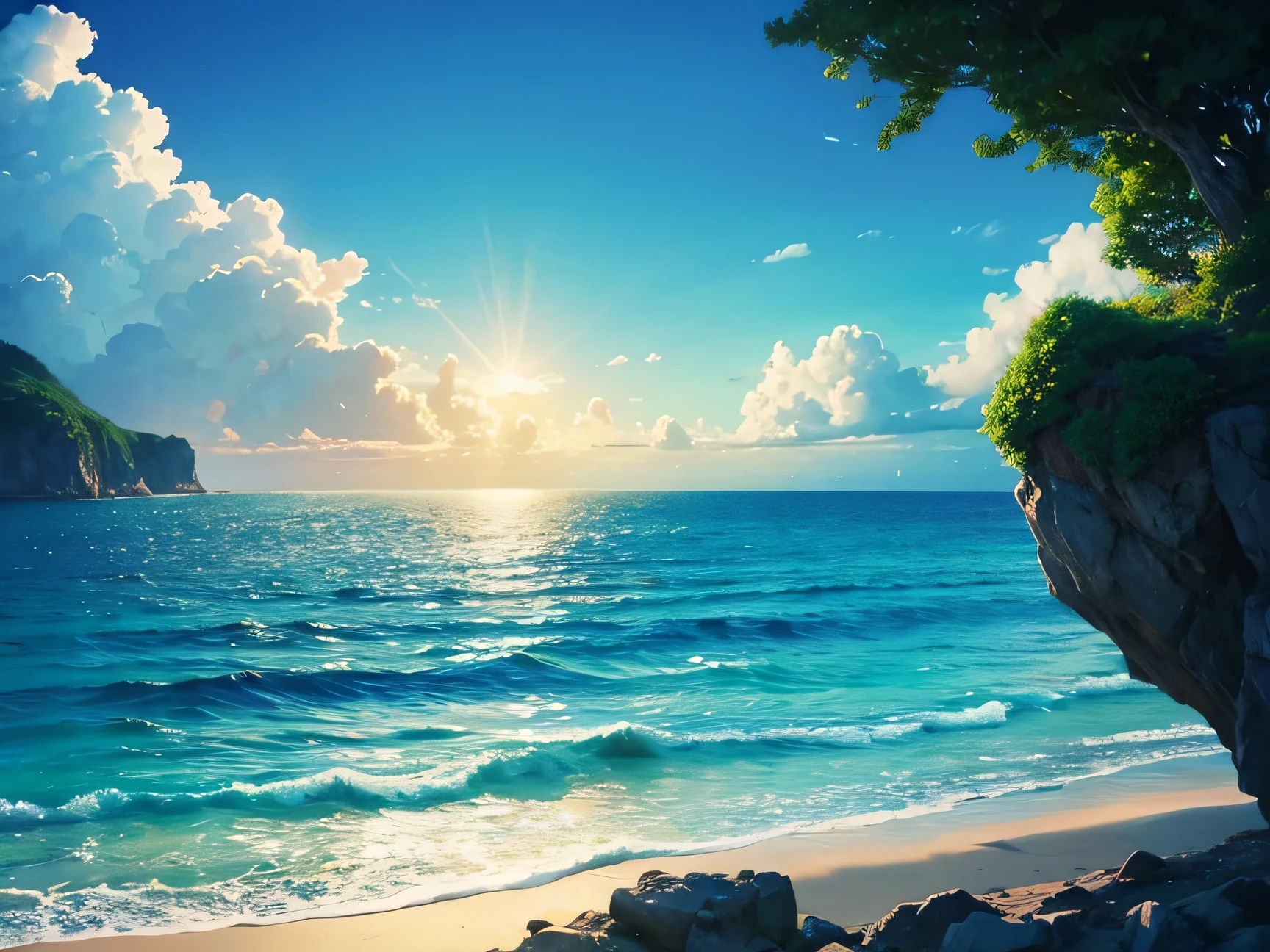 Ocean, refreshing, Tourism poster, Midsummer light, Lifeless, background, anime, wallpaper,