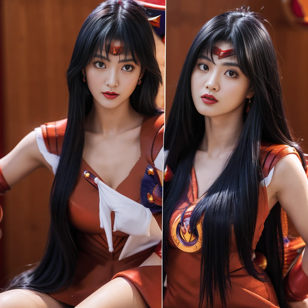 Highest quality，masterpiece，Very detailed, 8K，Beautiful Japan woman at 26 years old:1.5, Small face, blunt bangs, (Detailed red Sailor Mars costume:1.5), Breast Augmentation Surgery, Very detailedな臭い脇の下、　height:164cm、　Dynamic Angle