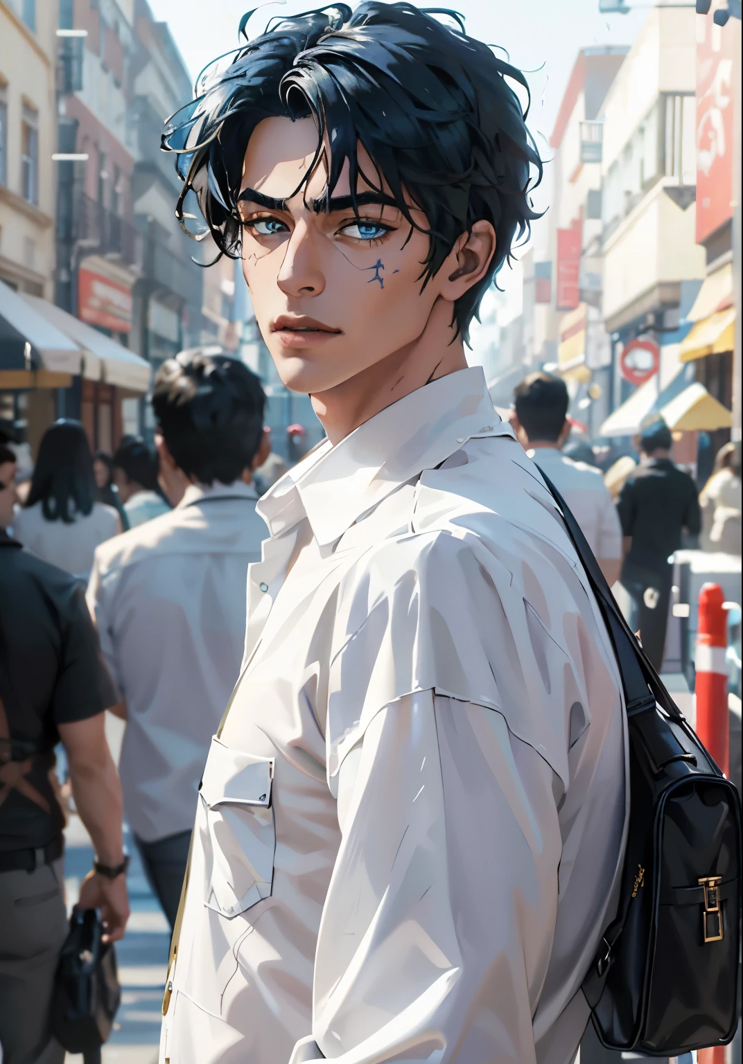 8K, complex, elegant, Highly detailed, majestic, digital photography, surreal painting, defeat magic, Sinuous Lightning, (masterpiece, Side light, fine and beautiful eyes: 1.2), HDR, (bright blue eyes)), Naked upper body, (bright tattoo), handsome boy, cana, musculature, black skin, demon horn, Raining, handsome, in front of camera, masterpiece
