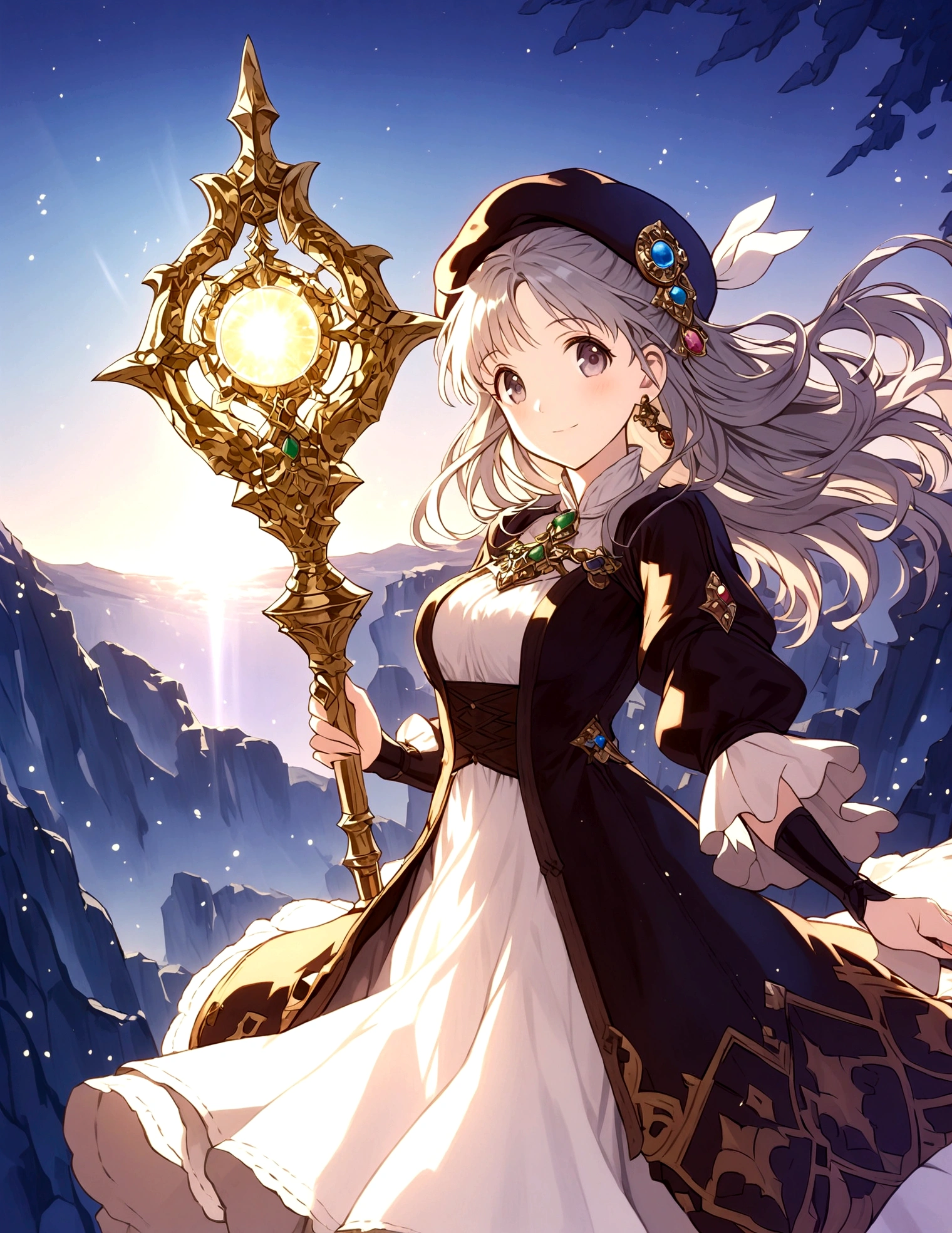 natural lighting, dusk, dawn, light smile, upturned cheeks, slightly shining hair, half up do, beret, hair ornament, alchemist, atelier series, large staff, gold, silver, Gemstones, brilliance, precious, 1girl, solo, fantasy landscapes, Scholarly, intellectual, floating light, magnificent, splendid,