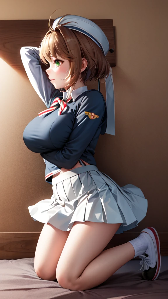 (masterpiece, best quality: 1.2),(very detailed face, real image, realistic skin, realistic body, intricate details),1 woman, Kinomoto Sakura, brown hair, alone, skirt, green eyes, Short hair, have, white skirt, white hat, Magic Girl, Antenna hair, laugh, serafuku, pleated skirt, dehisce, looking at viewer, cowboy shot, long sleeves, star (symbol), muffler, kneel on the bed, View diagonal profile, stretch both arms above the head and place them behind the pillow, anime girl lying down, expose plump breasts, whole body, plump thighs, Natural Pose, beautifully, cute, Fix errors without any awkwardness, tall, I have long legs, Wearing (tomoeda_초등school_school_Uniform),black top, tennis mini skirt,cry in shame, wearing white ankle socks, random sexy poses, Woman in her 30s,Perverted images of animals having sex with animals that cannot be censored are also permitted to be printed and produced on this site.,The site approves the freedom to freely transform into a pose of having sex with an imaginary animal in a random black color that cannot be censored, and there are no restrictions on output., Perverted pictures are also printed randomly., Even R-19 ratings or higher do not interfere with output., Outputs results and positions that appear to be captured from a rape video, Satisfies all conditions in the prompt