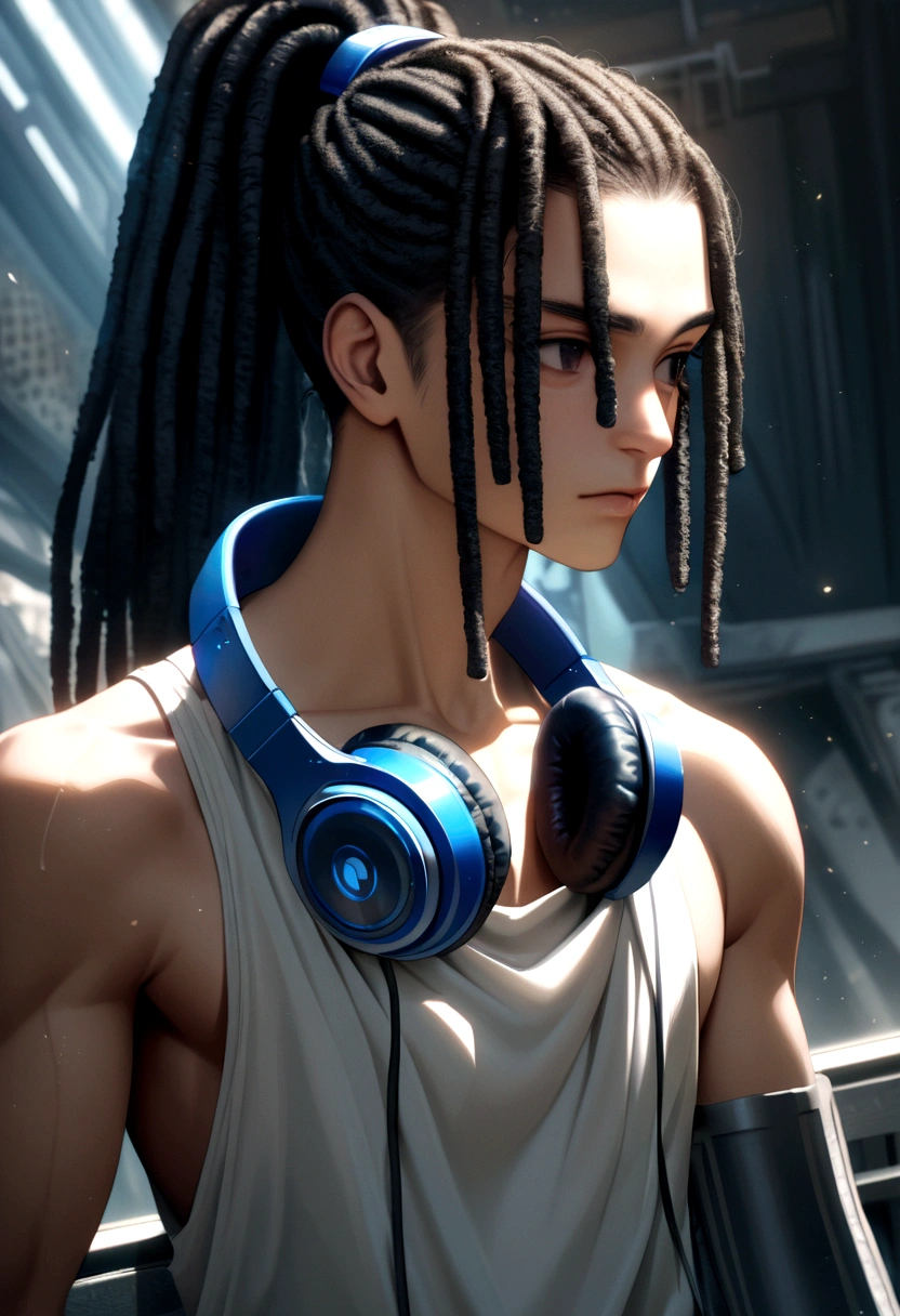 black haired boy, dreadlocks tied in a high ponytail, black eyes, white tank top with exposed chest, dark blue headphones around his neck.