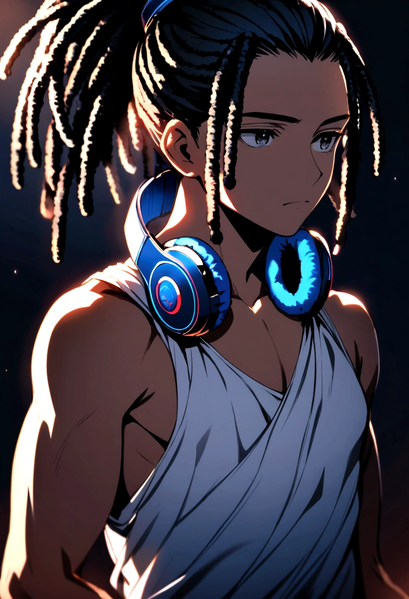 black haired boy, dreadlocks tied up high, black eyes, white tank top exposing his chest, dark blue headphones around his neck.