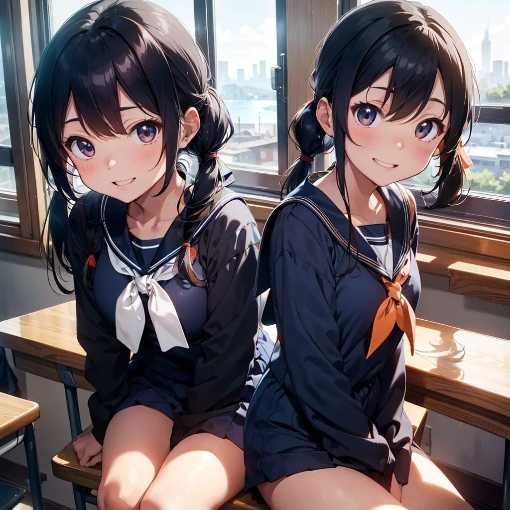 Short black hair Adult female Dog Ears Dark blue colored eyes A student wearing a navy blue sailor uniform with a red ribbon In the city Smiling, chest up