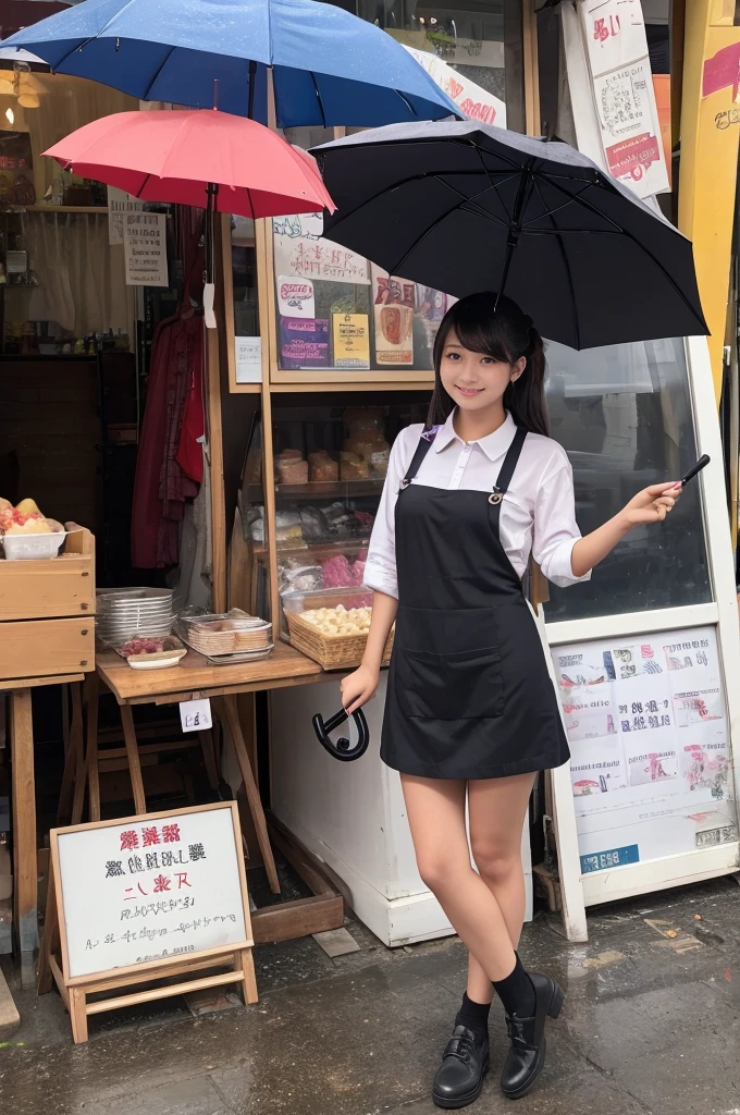 A 20-year-old girl selling umbrellas with umbrellas lined up(Wearing a miniskirt and apron)